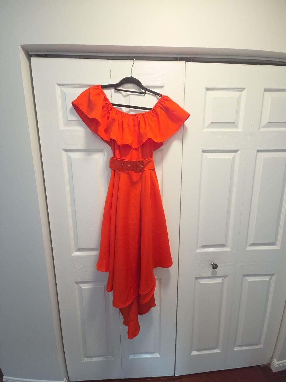 Jealous Tomato Orange Off Shoulder Ruffle High Low Dress with Belt Size S